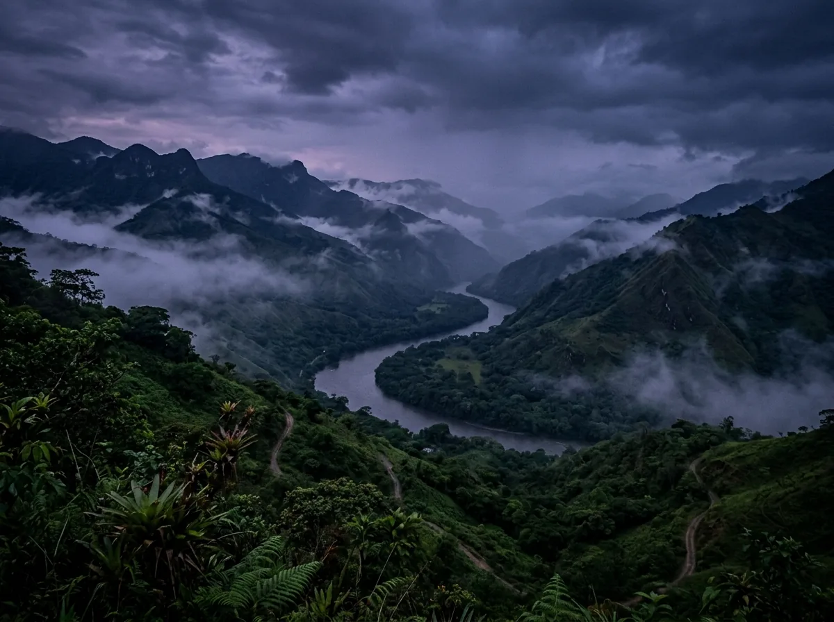 Paisaje de montañas altoandinas, laderas cafeteras y ríos colombianos